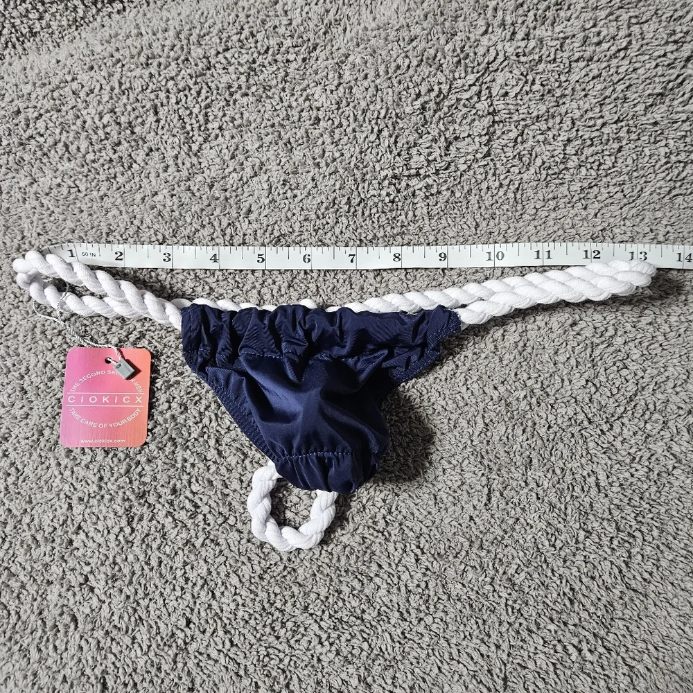 Navy Blue Bikini Swim Bottom with White Rope Detail - Picture 3 of 7